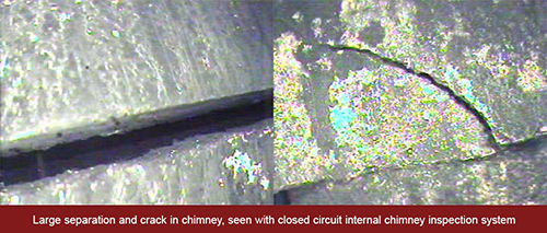 chimney video inspection still image showing large separation and crack in the chimney