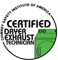 Certified Dryer Exhaust Technician a circle with green dryer to the right bottom - Chimney Safety Institute of America around the inside of the circle 