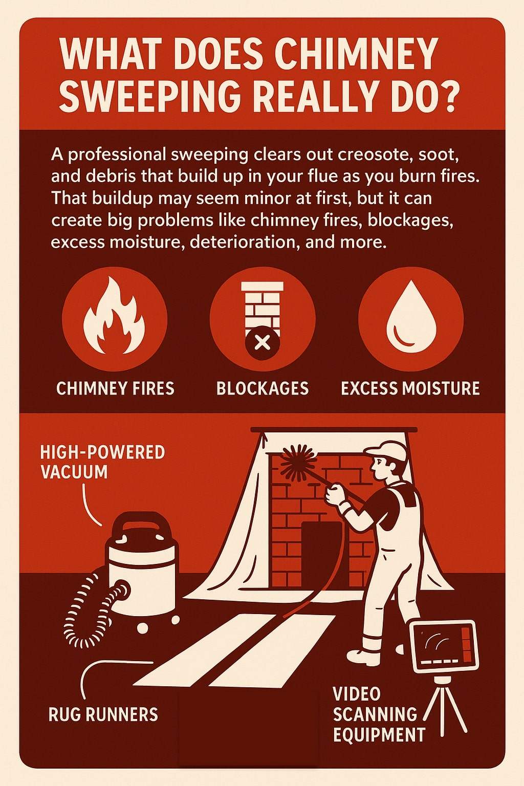 original infographic with a cream background and bold red-brown color scheme showing the benefits of chimney sweeping. The top section has the title in large white capital letters on a red banner: “WHAT DOES CHIMNEY SWEEPING REALLY DO?” Below, white text explains that sweeping clears out creosote, soot, and debris to prevent big problems like chimney fires, blockages, excess moisture, deterioration, and more. Three circular red icons illustrate these risks: a flame for chimney fires, a blocked flue for blockages, and a water droplet for excess moisture. The bottom half illustrates chimney sweeping tools and methods with simple red and white graphics: a high-powered vacuum with a coiled hose labeled “HIGH-POWERED VACUUM,” rug runners stretched across a floor, a technician scrubbing the inside of a chimney with a brush, and a labeled monitor showing “VIDEO SCANNING EQUIPMENT.” The clean design emphasizes prevention and professional service.<br />
