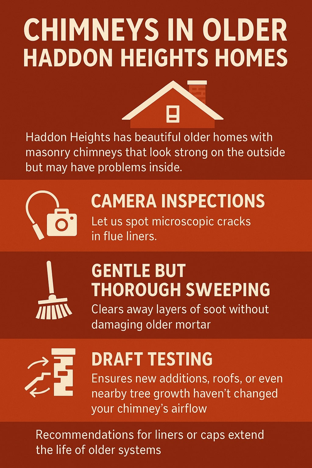 original infographic uses a warm red-brown background with cream-colored text and icons, featuring the bold headline “Chimneys in Older Haddon Heights Homes” at the top, followed by a small white house graphic with a chimney. The introductory text explains that while older homes in Haddon Heights often look strong, hidden chimney issues can exist. Three highlighted service sections appear: “Camera Inspections” with a camera and inspection cable icon, noting microscopic crack detection in flue liners; “Gentle but Thorough Sweeping” with a broom icon, describing soot removal without harming old mortar; and “Draft Testing” with a chimney and airflow arrows icon, ensuring airflow hasn’t been changed by additions, roofs, or tree growth. The bottom line states that recommendations for liners or caps can extend the life of older systems.